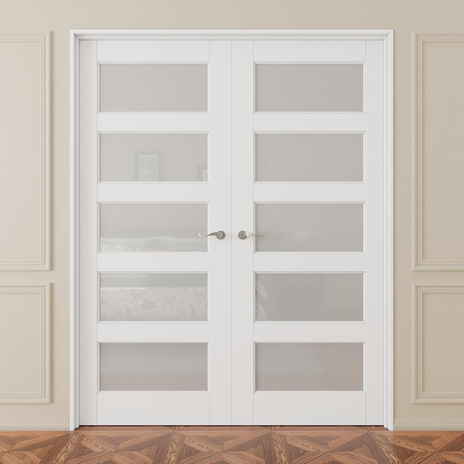French Door 64' x 80' (Double 32' x 80') 5-Lite Frosted Glass Door Slabs with Pre-hung Jamb, Silver Hinges, Levers and Latch, White Primed, French Interior Doors with frame, Swing Double Bedroom Doors
