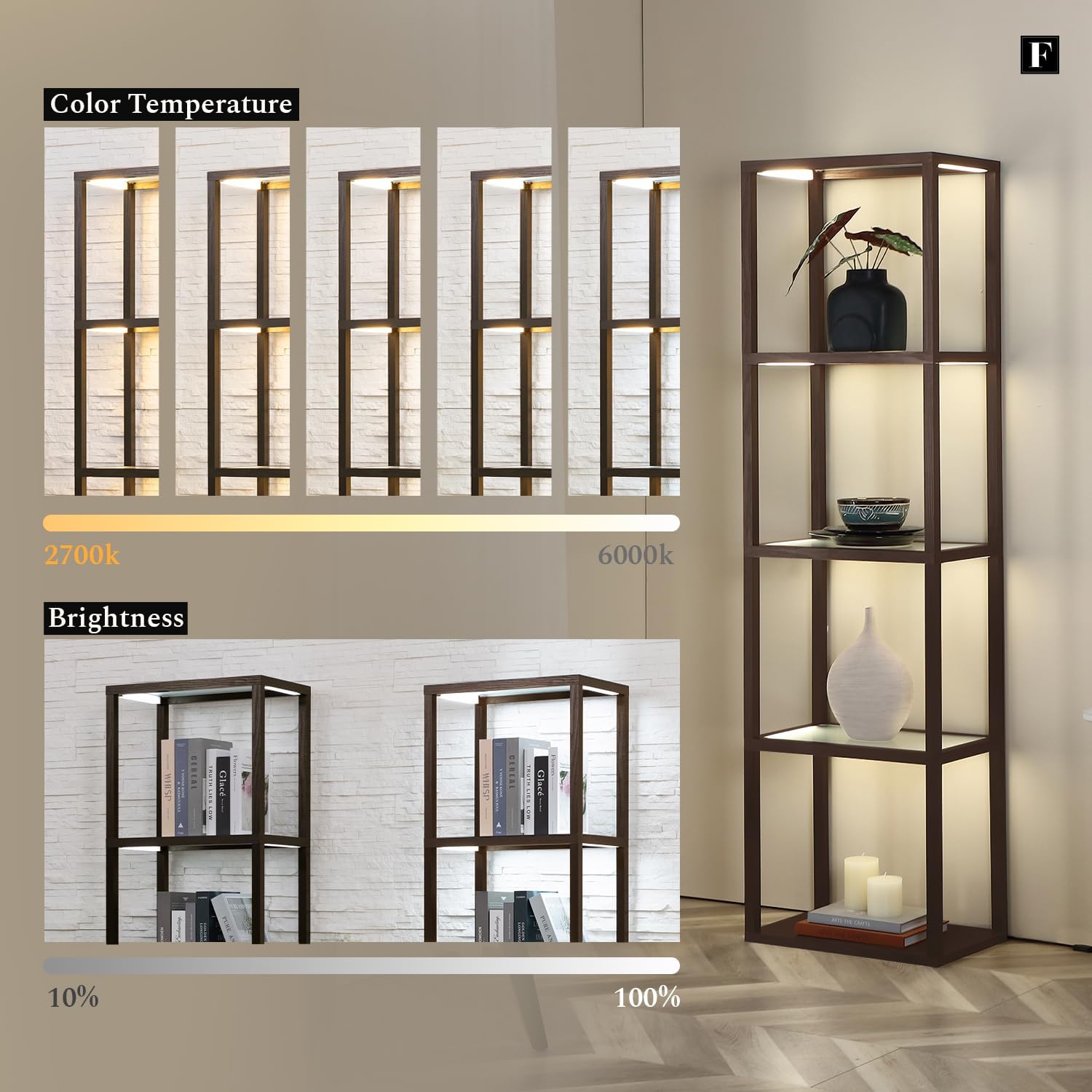 FENLO LED Display Shelf with Lights – Curio Cabinet for Collectibles with Dimmable Lighting, App & Remote Control – 66' Glass Shelf Floor Lamp with Adjustable Color Temps Fantasy Plus Pro