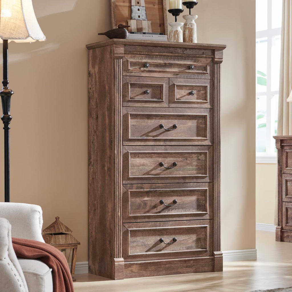 Aitjunz Farmhouse 7 Drawers Dresser for Bedroom, 57' Tall Large Dressers & Chests of Drawers w/Roman Column, Storage Dressers Organizer for Bedroom, Hallway, Living Room, Light Brown