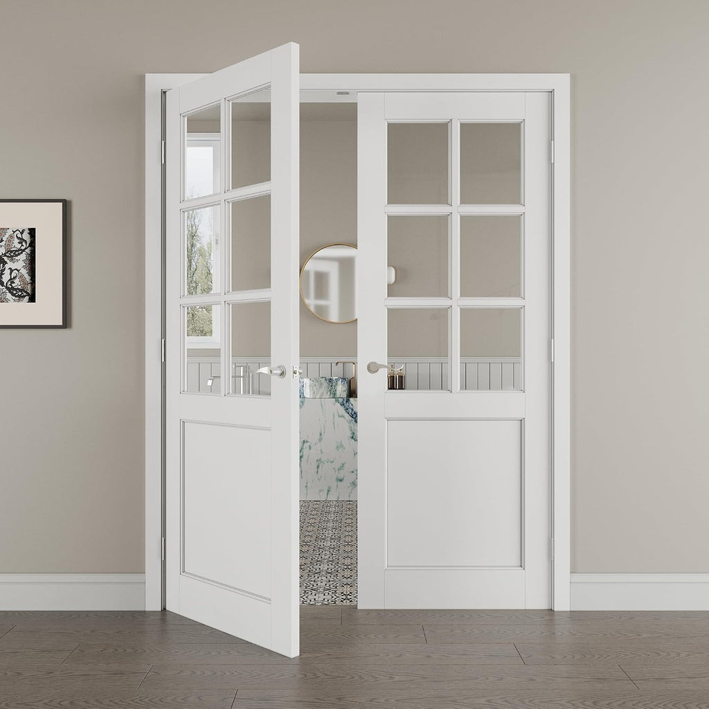 64' x 80' French Doors Interior (Double 32' x 80' 6-Lite Clear Glass Door with Silver Hinge Prehung Jamb Kit), Pre-Finished & Paintable, Prebuilt Home Door Panels & Assembly Required Jamb