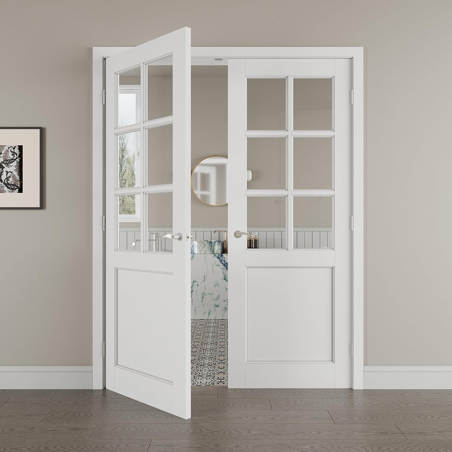 64' x 80' French Doors Interior (Double 32' x 80' 6-Lite Clear Glass Door with Silver Hinge Prehung Jamb Kit), Pre-Finished & Paintable, Prebuilt Home Door Panels & Assembly Required Jamb