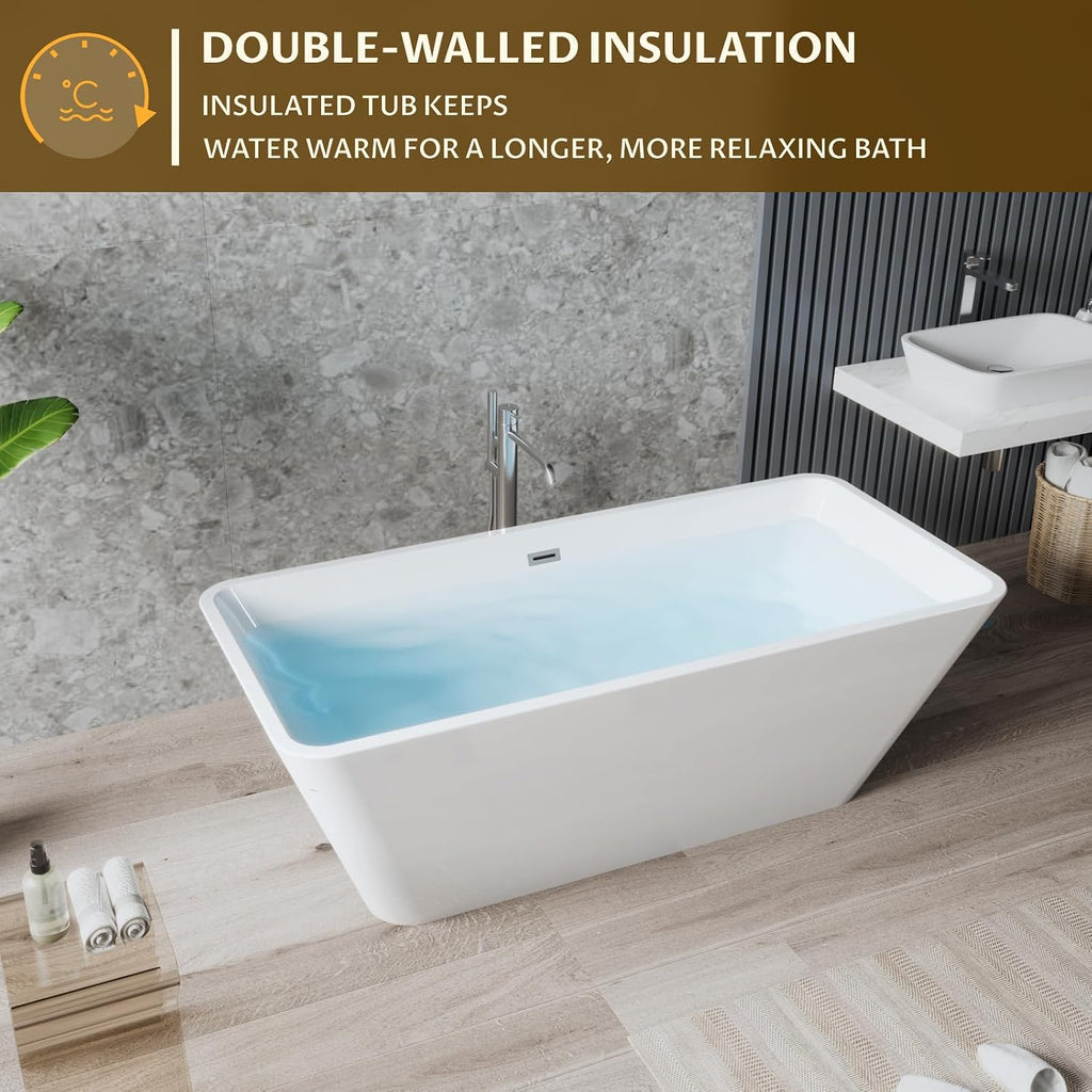 59' Modern Acrylic Freestanding Bathtub – Rectangular Soaking Tub with Chrome Drain & Streamlined Linear Overflow, Easy Installation, CUPC Certified, Glossy White