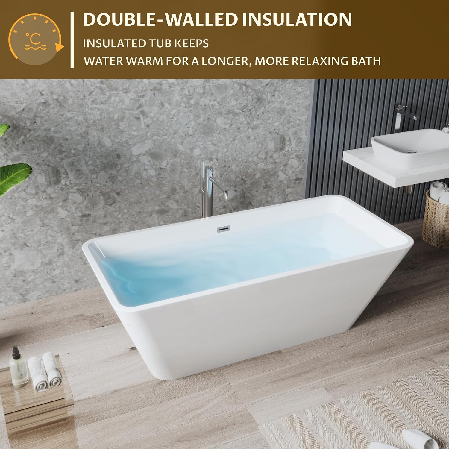 59' Modern Acrylic Freestanding Bathtub – Rectangular Soaking Tub with Chrome Drain & Streamlined Linear Overflow, Easy Installation, CUPC Certified, Glossy White