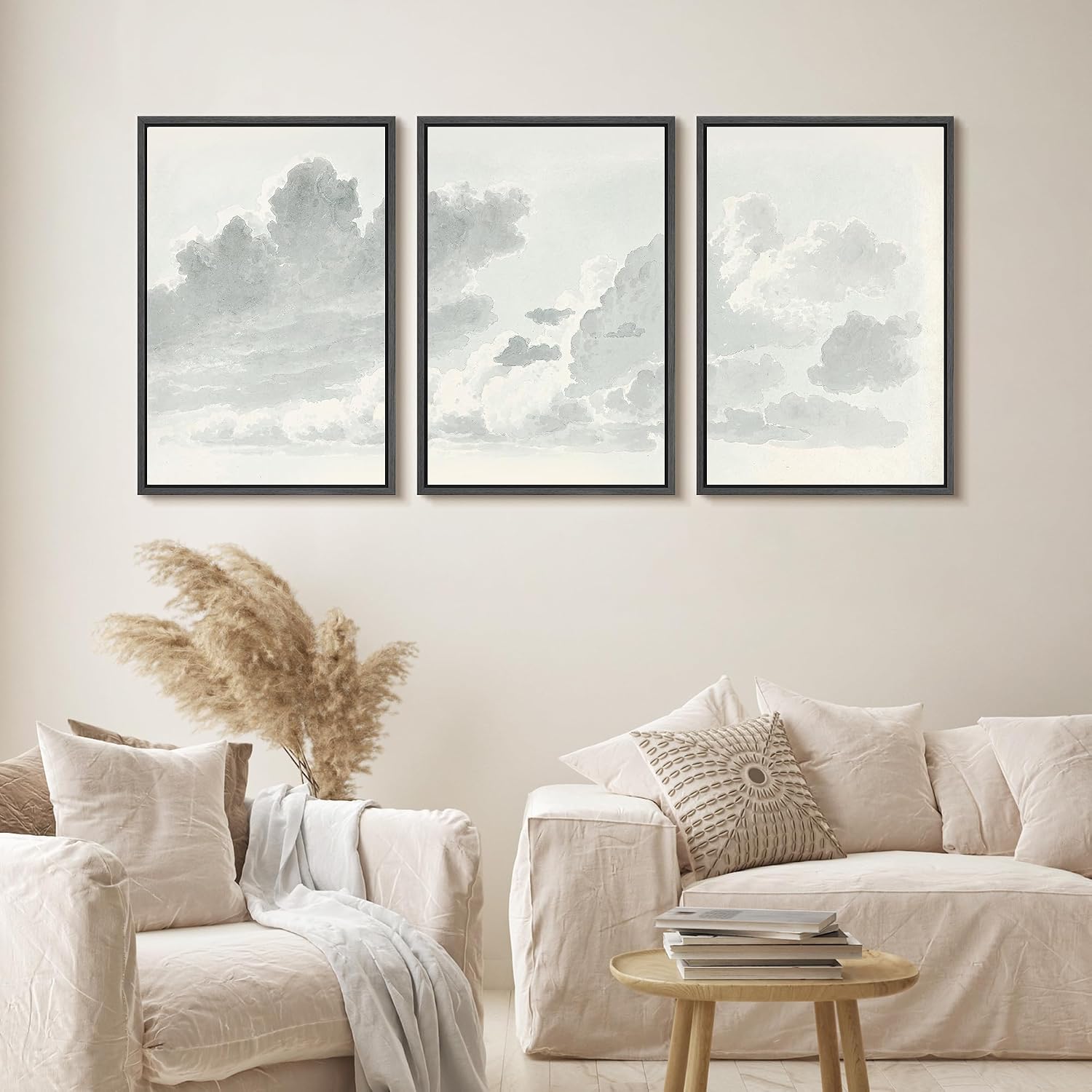 wall26 Framed Canvas Print Wall Art Set Minimalist Cloud Study Soft Watercolor Sky Illustrations Modern Art Decorative Floral Botanical Minimal for Bedroom - 24'x36'x3 Black