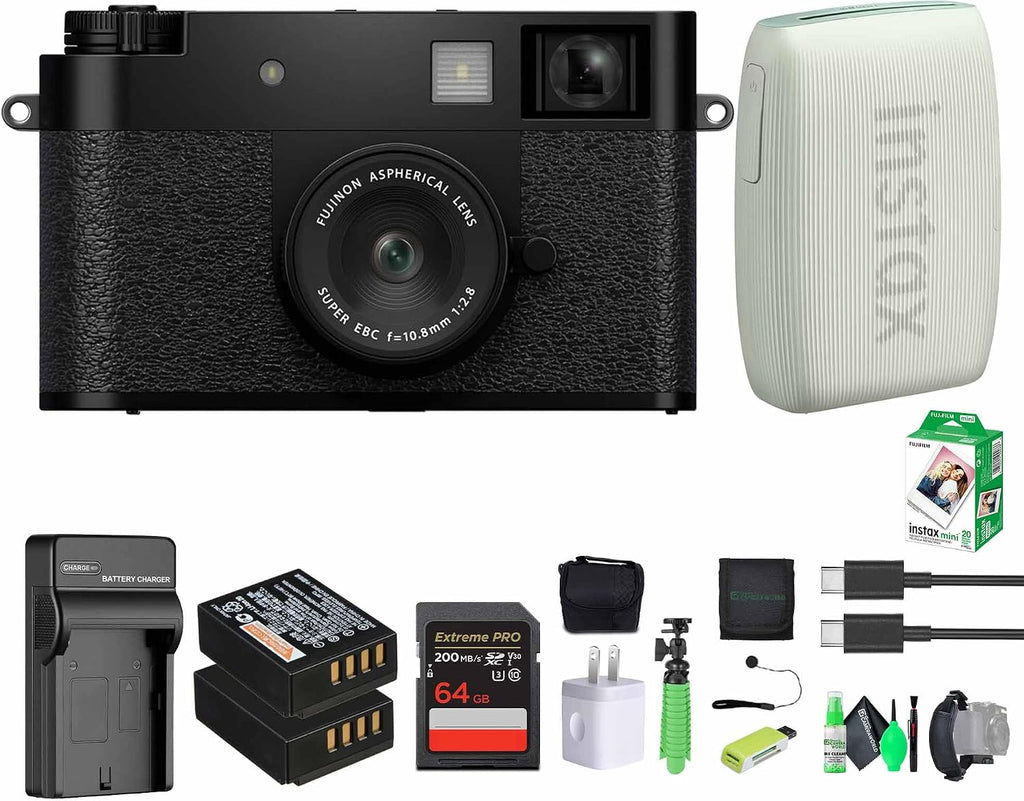 FUJIFILM X Half Premium Compact Digital Camera (Black) Bundle with Fuji INSTAX MINI Link 3 Smartphone Printer (Sage Green) + Instax Mini Film + Extra Battery + Charger + 64GB Memory Card + More