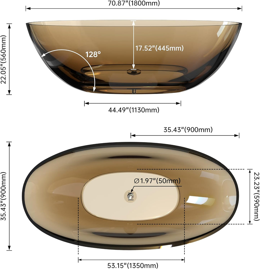 71' Premium Solid Surface Freestanding Bathtub,Modern Design Transparent Brown Stone Resin Soaking Tub with Pop-up Drain