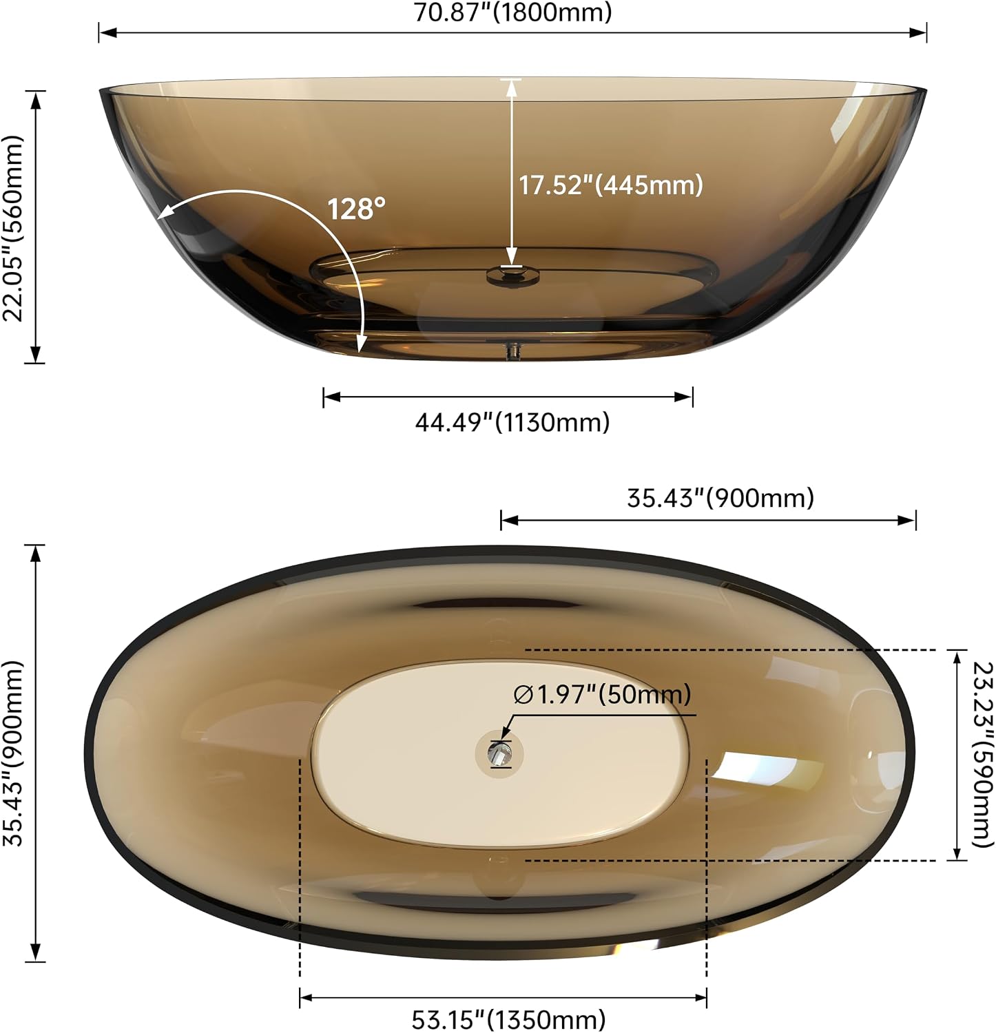71' Premium Solid Surface Freestanding Bathtub,Modern Design Transparent Brown Stone Resin Soaking Tub with Pop-up Drain