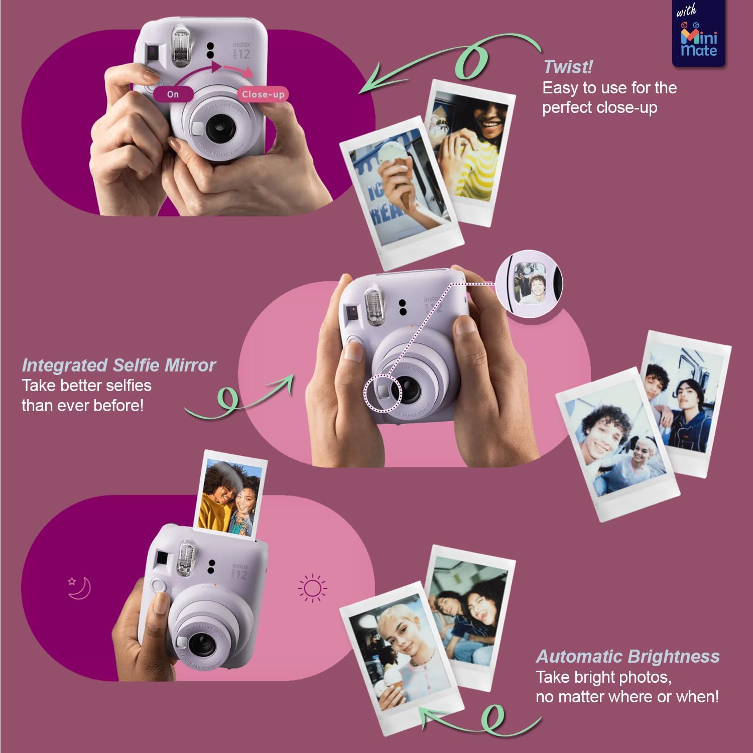 Fujifilm Instax Mini 12 Instant Camera + Minimate Custom Case + Fuji Instax Film 20 Sheets Twin Pack (Mint Green)