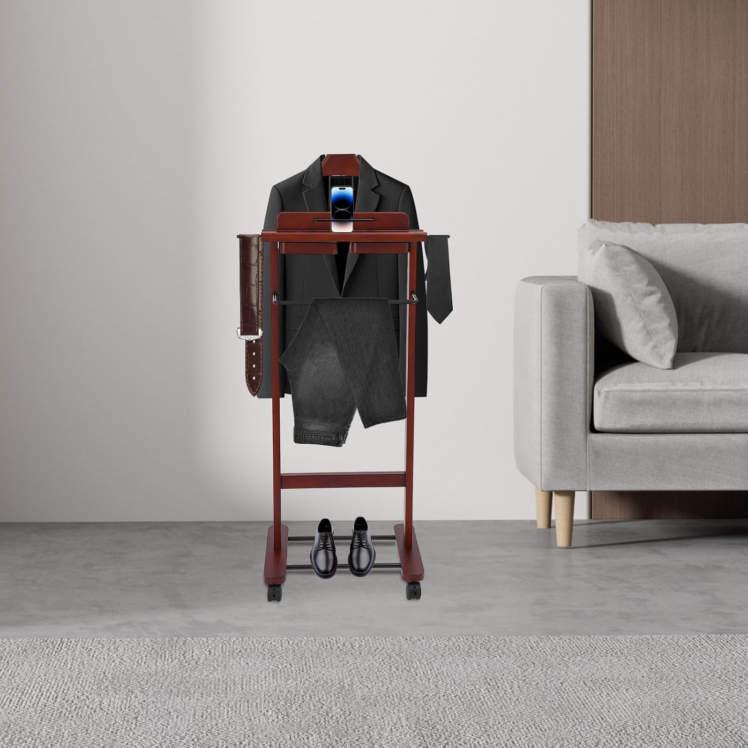 Suit Valet Stand Reddish Orange, Freestanding Clothes Rack with Wheels & Drawers, Solid Birch Wood, 66lbs Capacity, for Bedroom Hotel Entryway