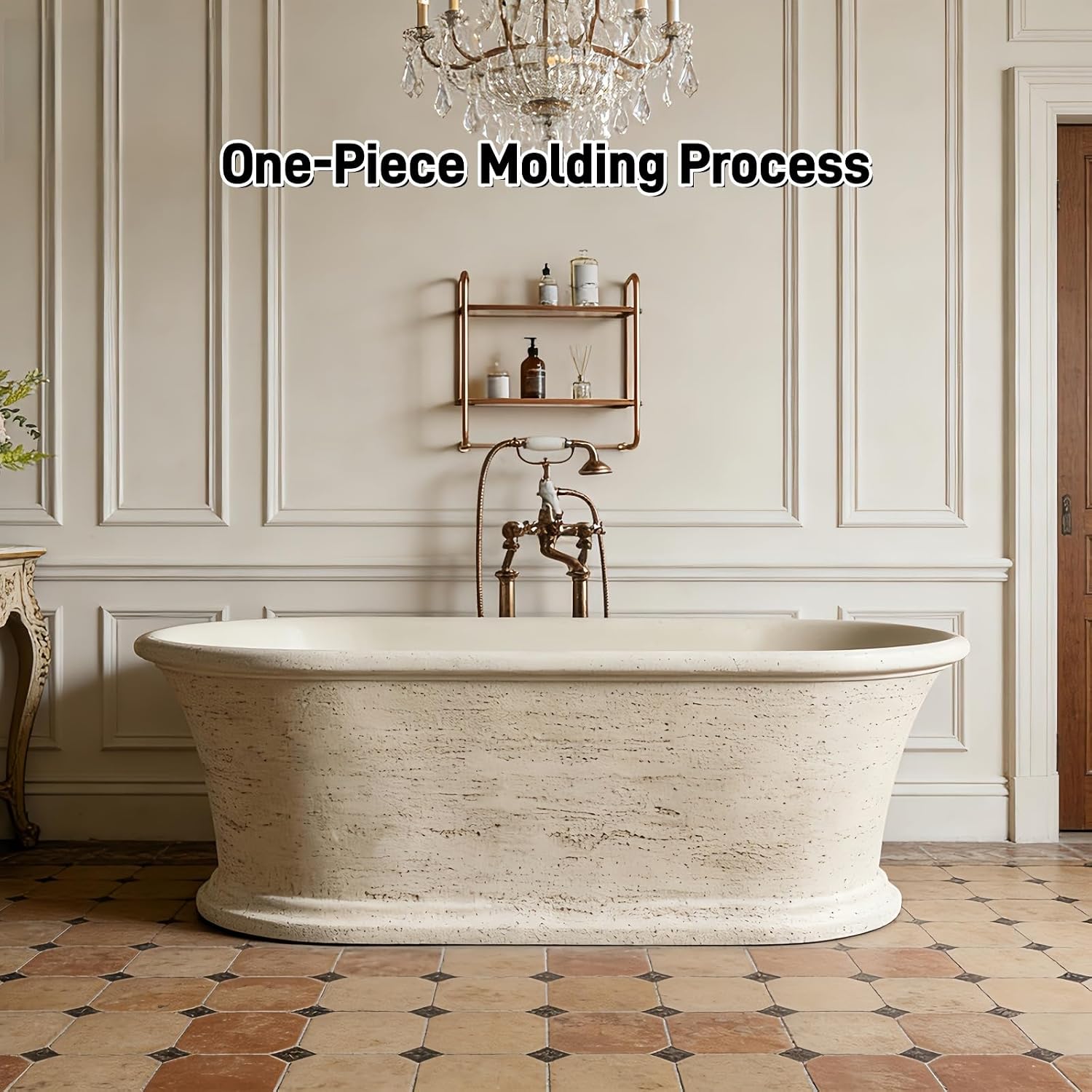 67' Edeyeu Freestanding Bathtub - Solid Surface Bathtub Soaking Tub With Natural Rock Texture Finish, Extra Deep Stand Alone Tub, Ergonomic Free Standing Spa Design, Beige