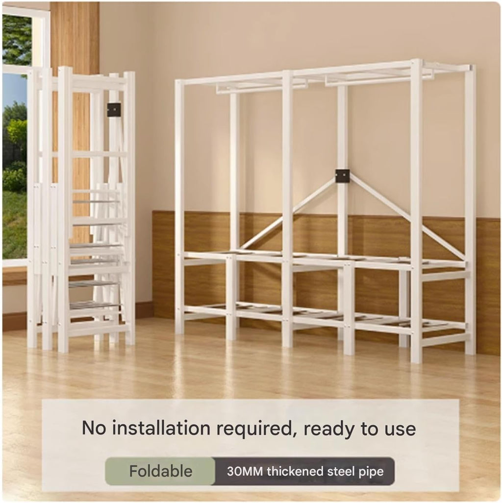 Portable Wardrobe Closet Rack with Cover, Heavy Duty Metal Folding Clothing Rack, Freestanding Canvas Wardrobe Organizing System for Bedroom, Corridor, Dormitory(A,130 * 50 * 170cm)