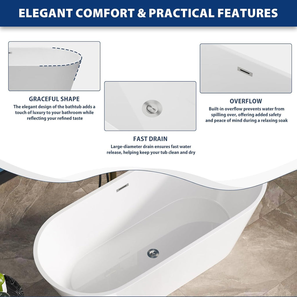 Sarlai 67 Inch Acrylic Freestanding Soaking Bathtub Contemporary Soaking White Tub Stand Alone Ergonomic Bathtub with Chrome Drain and Overflow