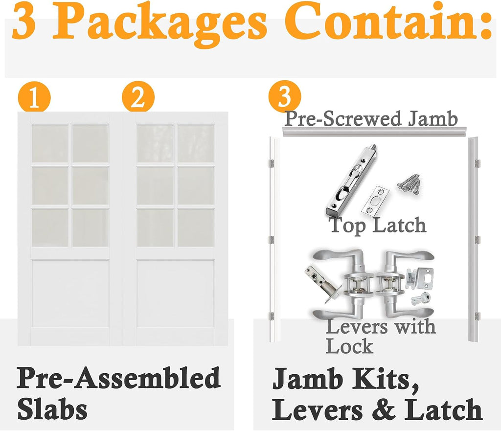 Prehung French Door 60'x80' (2x30 in), Tempered Frosted Glass Door Slabs with Jamb, Silver Hinges, 4 Levers & Latch, Solid Core Interior Door, Pre-Finished & Paintable, MDF Double Doors Interior