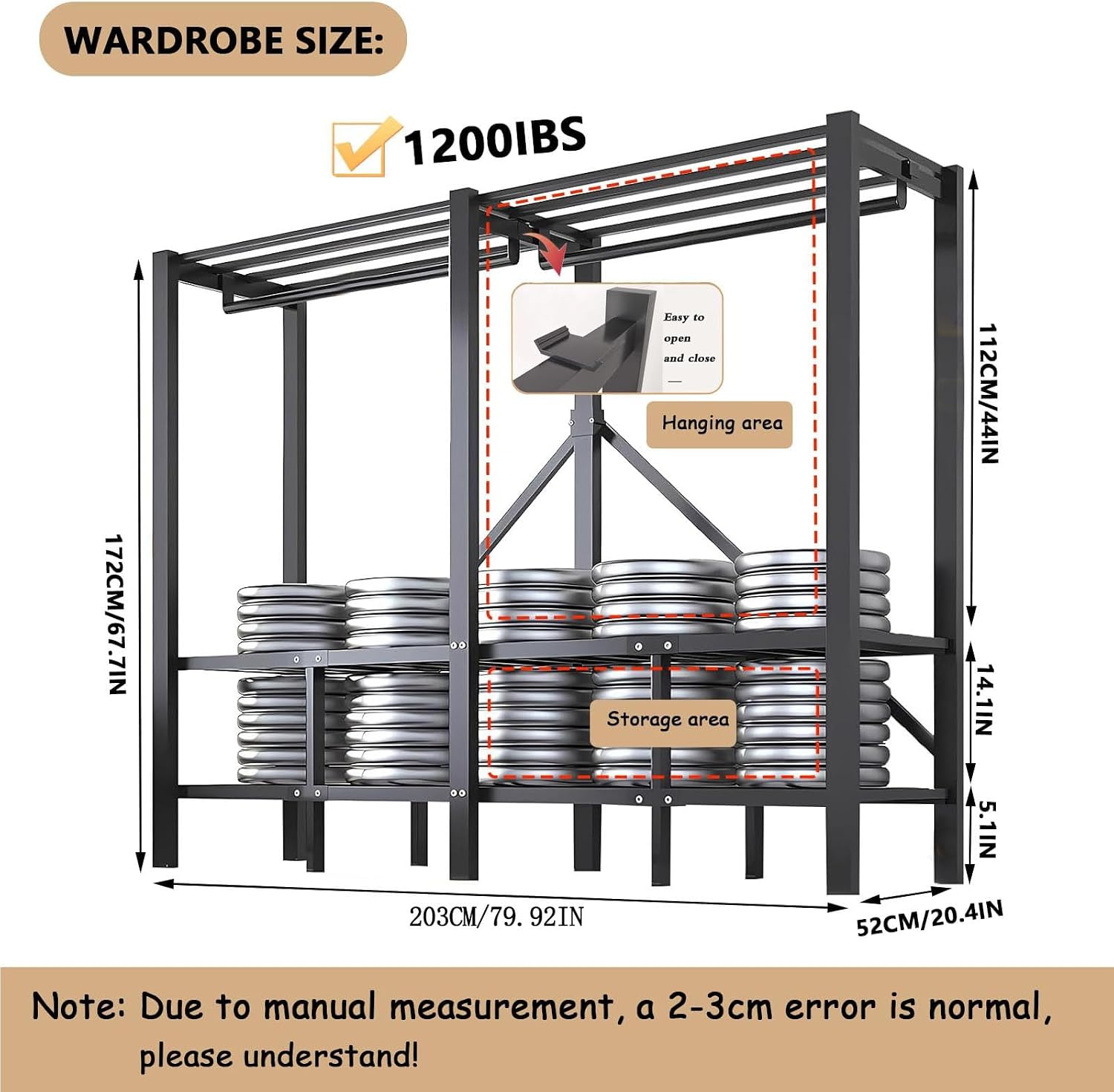 Heavy Duty Portable Wardrobe Closet Rack - Foldable Metal Clothe Rack With Cover, 2000lbs Large Capacity Fabric Wardrobe, Space-saving Wardrobe Clothing Organizer, For Hanging Clothes(203*52*172cm)