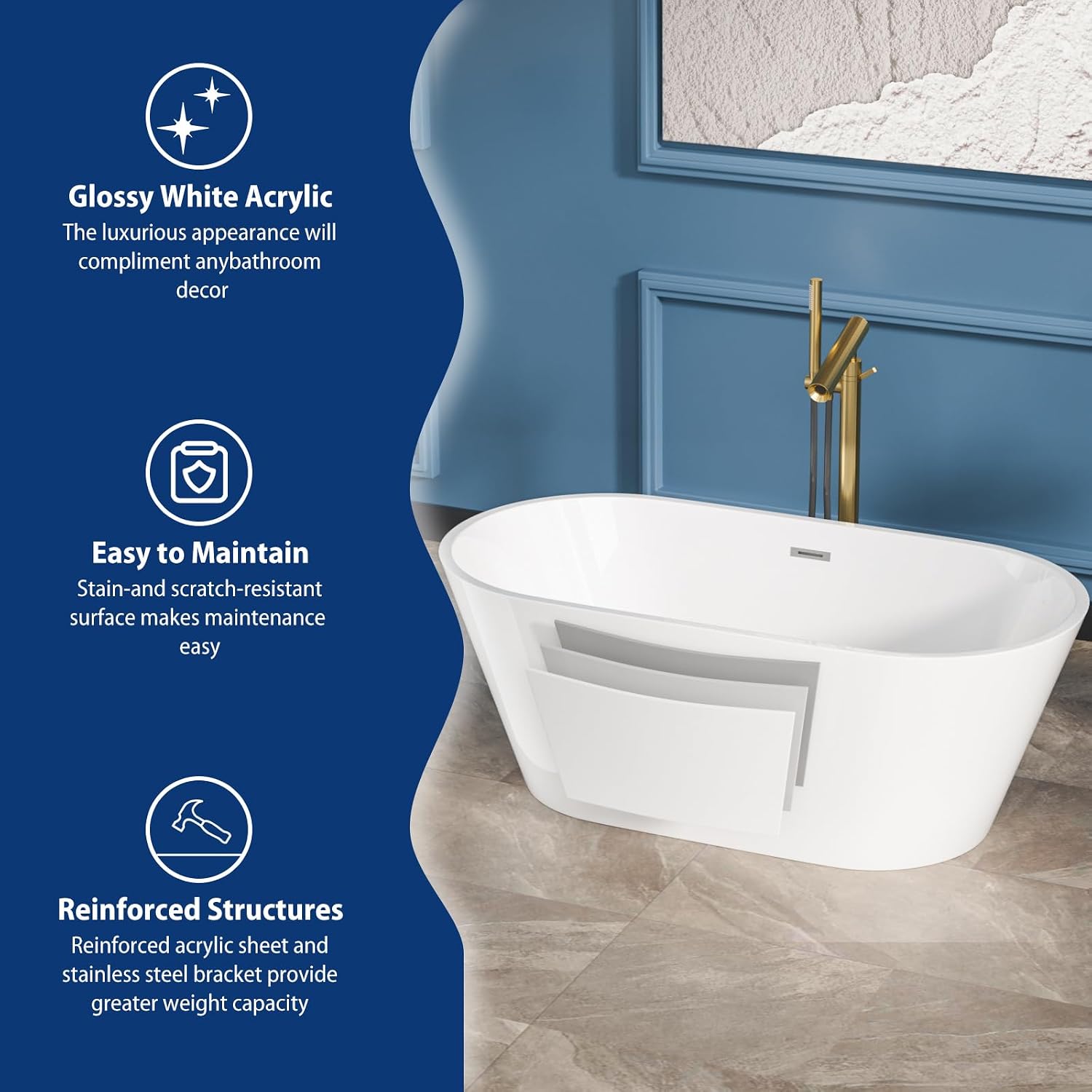 Sarlai 59 Inch Acrylic Freestanding Soaking Bathtub Contemporary Soaking White Tub Stand Alone Ergonomic Bathtub with Black Drain