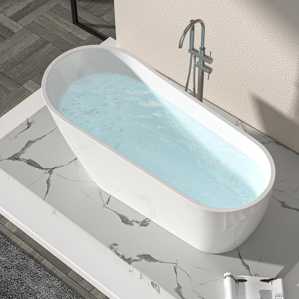 Logmey 67 Inch White Acrylic Freestanding Bathtub Oval Shape Soaking Tub with Chrome Drain & Overflow Assembly for Classic and Modern Bathrooms