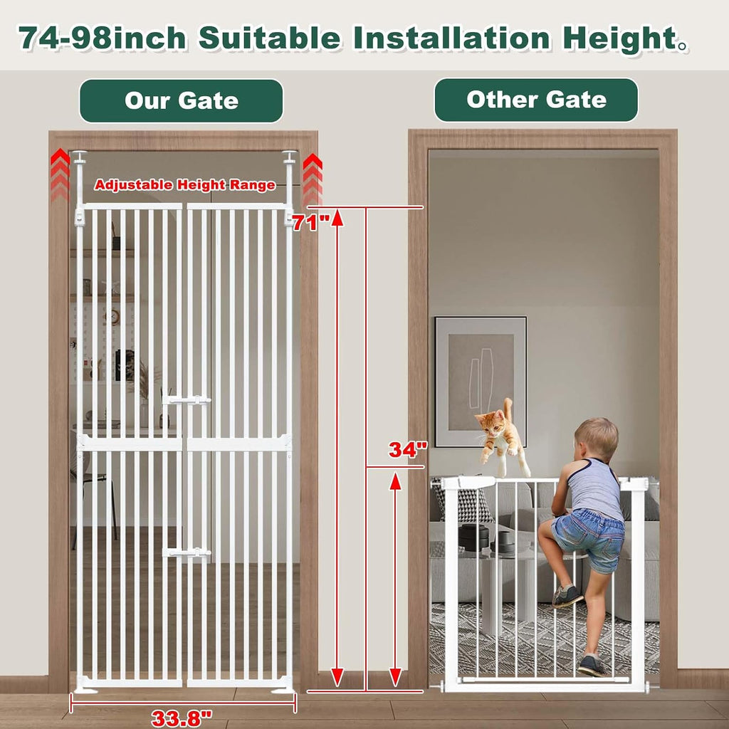 71' Extra Tall Cat Gate for Doorway,34'-37' Wide Pet Gate Pressure Mounted Walk Through Swing Auto Close Safety Dog Gates for Indoor, Stairs,Hallway
