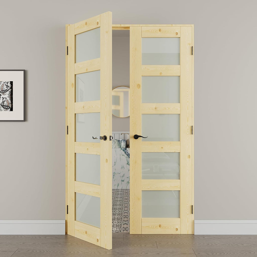 48' x 80' French Doors Interior (Double 24' x 80' 5-Lite Frosted Glass Pine Wood Door with Black Hinge Prehung Jamb Kit), Unifinished Natural Wood, Prebuilt Home Door Panels & Assembly Required Jamb