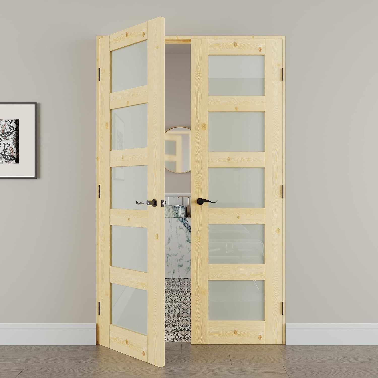 48' x 80' French Doors Interior (Double 24' x 80' 5-Lite Frosted Glass Pine Wood Door with Black Hinge Prehung Jamb Kit), Unifinished Natural Wood, Prebuilt Home Door Panels & Assembly Required Jamb