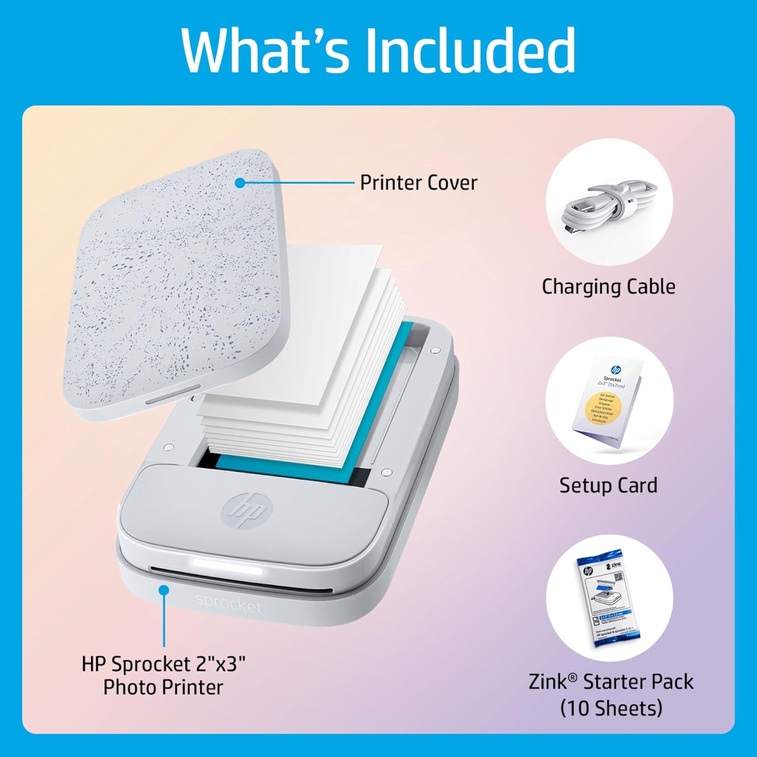 HP Sprocket 2x3 Instant Smartphone Photo Printer 75 Sheets Bundle - Bluetooth Portable Color Wireless Mobile Printer (Luna Pearl) Zink Sticky-Back Photos