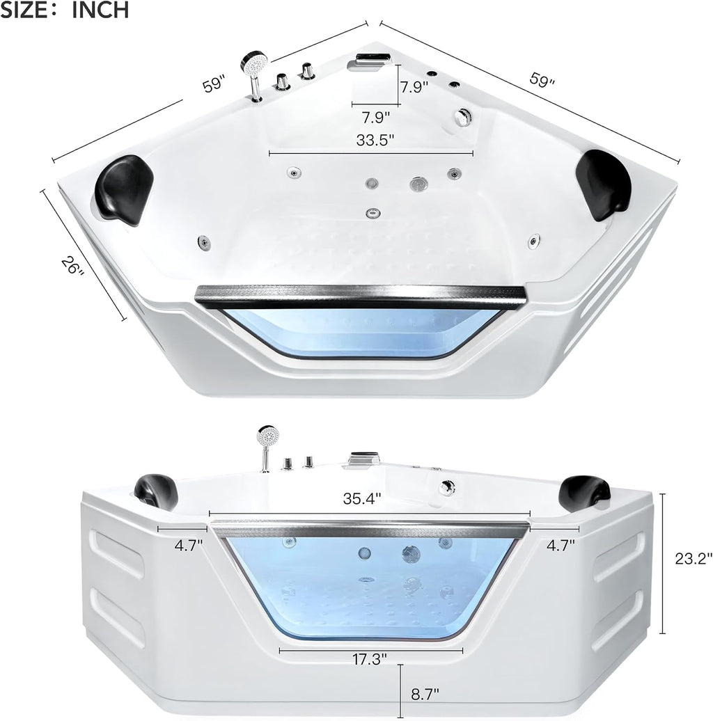 Corner Bathtub - 59'Jetted Soaking Bathtub for 2 Person with 7 Color Lights - Home Spa Bath tub with 6 Jets Hydro Massage Acrylic Soaking Tub with Double Pillow Chromatherapy - ETL Certified