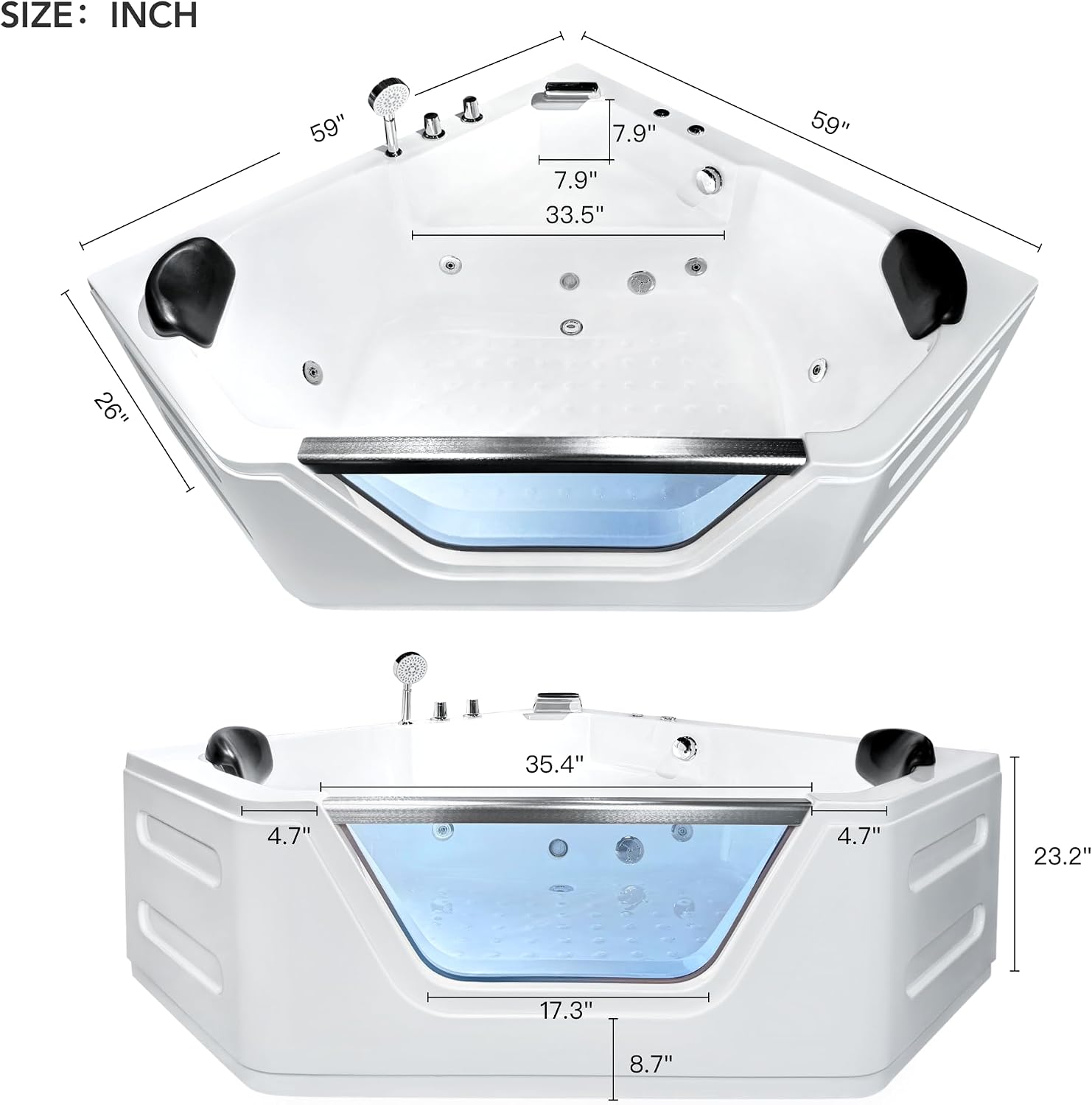 Corner Bathtub - 59'Jetted Soaking Bathtub for 2 Person with 7 Color Lights - Home Spa Bath tub with 6 Jets Hydro Massage Acrylic Soaking Tub with Double Pillow Chromatherapy - ETL Certified