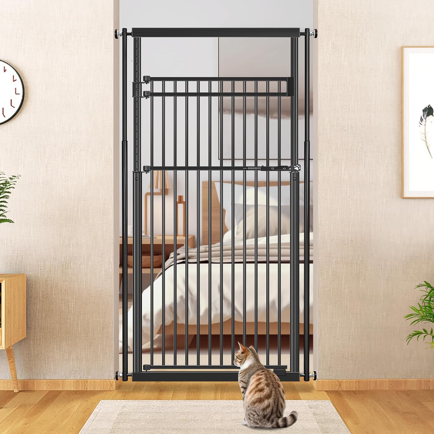 78.8' Extra Tall Cat Gate, 28.3-33' Wide Safety Metal Cat Door, Pressure Mounted Easy Walk Through Pet Gate with Door for Stairs, Doorways (Black)