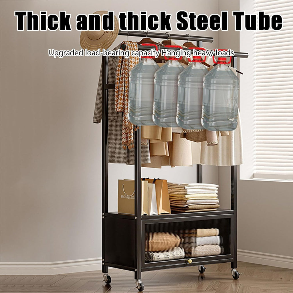 Clothing Rack, coat rack with Wheels Rolling Clothes Rack with Storage Coat Rack Stand Modern Garment Rack for Bedroom Boutiques Heavy Duty Coat Hanger Rack