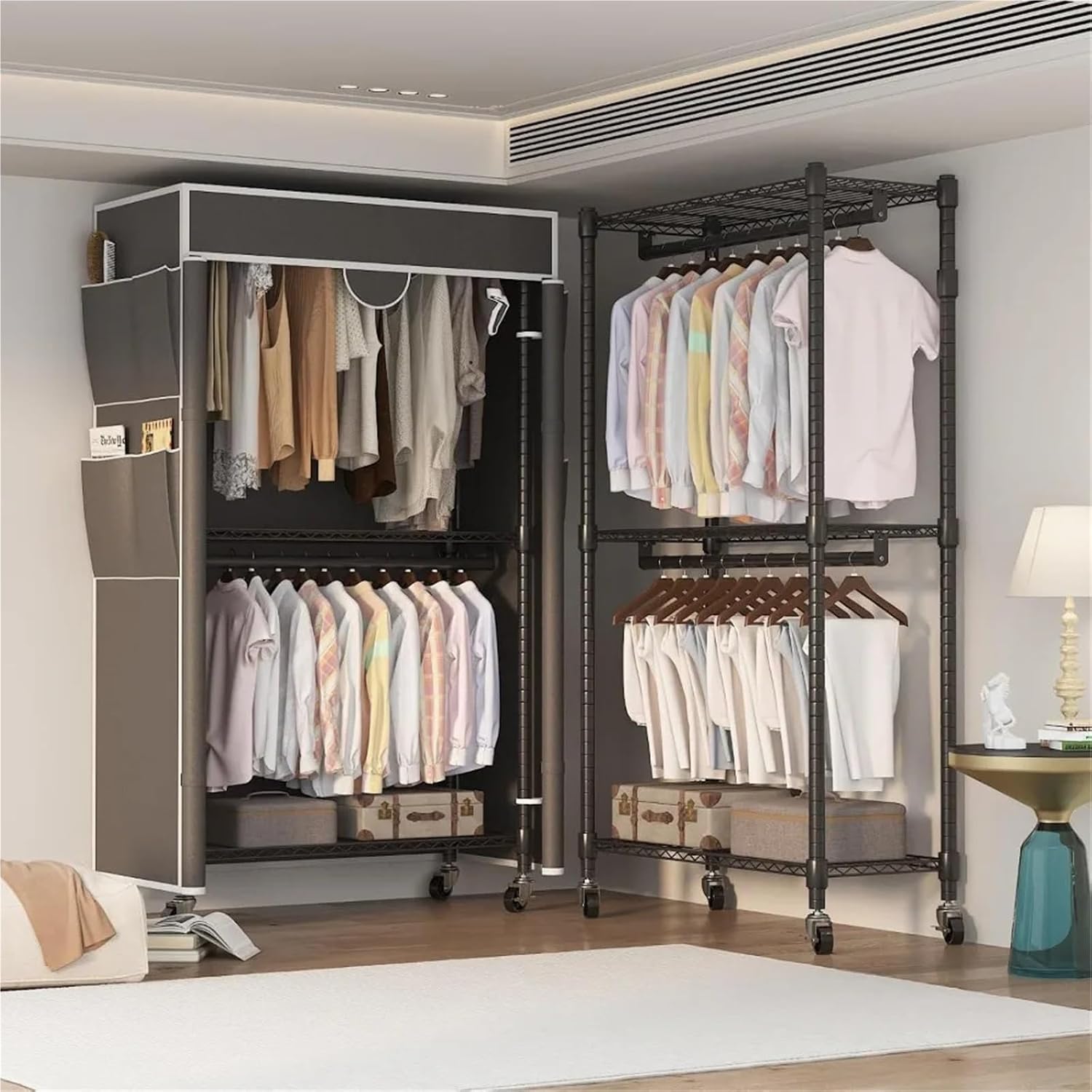 Portable Closet Rolling Garment Rack with Cover, Heavy Duty Clothing Rack for Hanging Clothes, Portable Closet Wardrobe with Adjustable Shelves(Black)