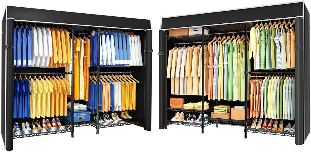 Ulif E12C and E13C Heavy Duty Closet Organizer System, Freestanding Clothing Racks for Hanging Clothes，Adjustable Garment Rack, Black Clothing Rack with Black Dustproof Cover