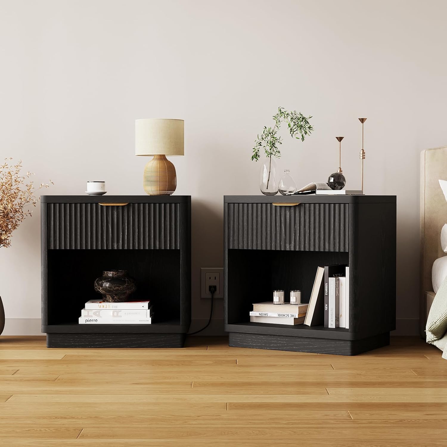 Fluted Night Stand Set of 2 with Charging Station, Wood Bedside Tables with Drawer & Open Shelf, Modern Matching Pair for Bedroom & Living Room, Black