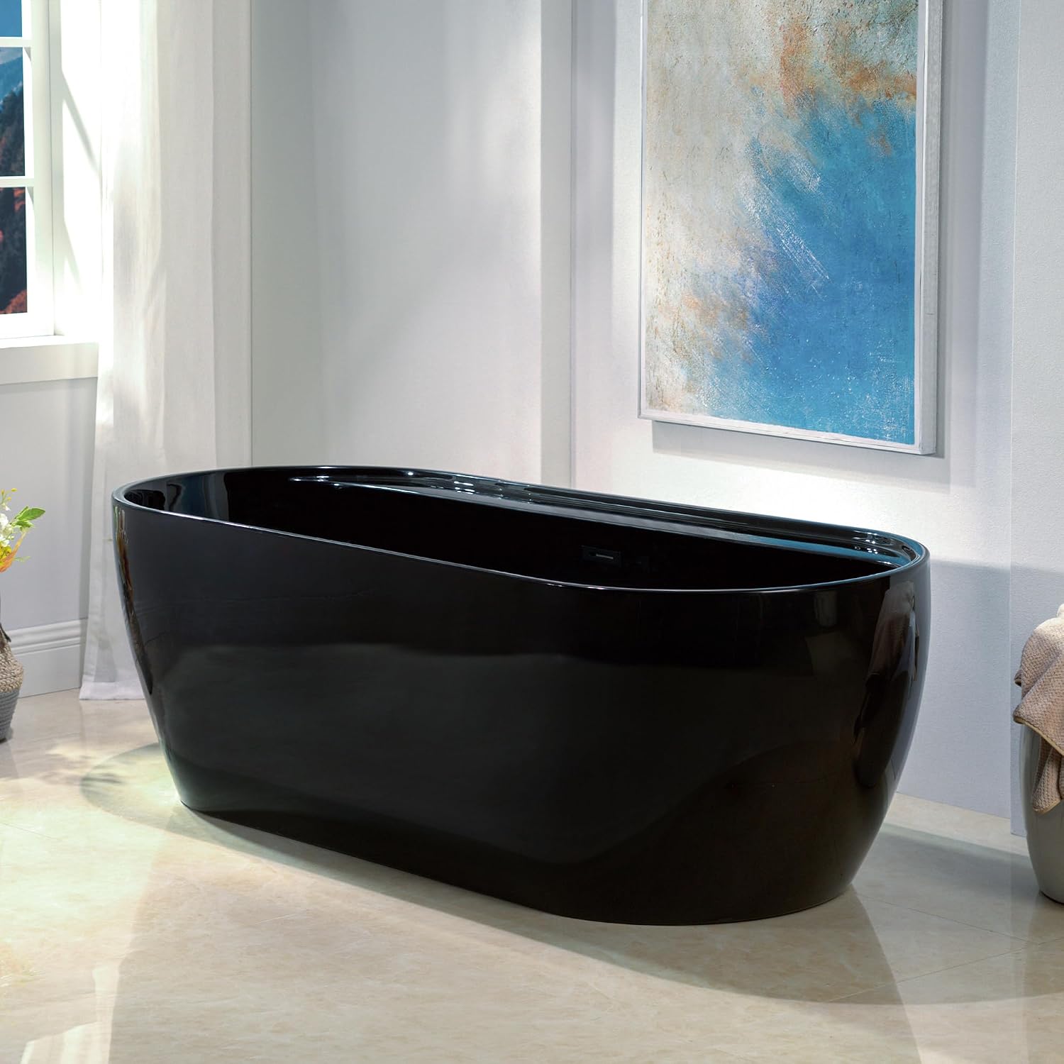 WOODBRIDGE 72' L x 35-3/8' W Freestanding Contemporary Acrylic Soaking Bathtub in Glossy Black Inside and Outside with Matte Black Drain & Overflow,B8859-MB