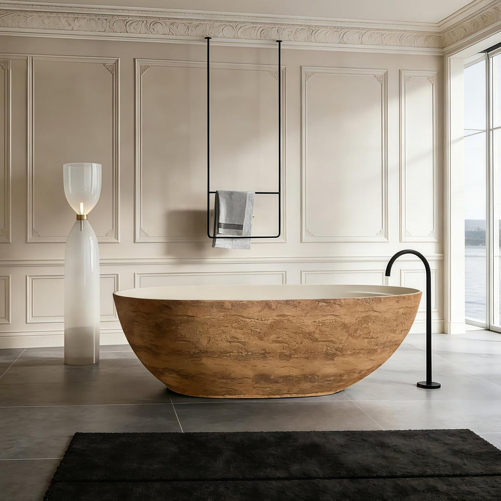 59' Edeyeu Freestanding Bathtub - Luxury Golden Stone Solid Surface Bathtub Soaking Tub, Designer Free Standing Tub for Modern Home Spa, Villa, and Hotel Bathrooms, Yellow