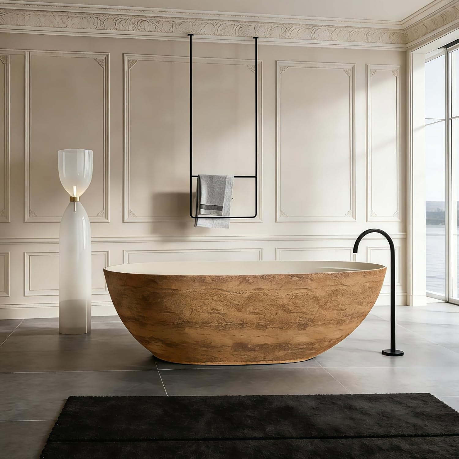 59' Edeyeu Freestanding Bathtub - Luxury Golden Stone Solid Surface Bathtub Soaking Tub, Designer Free Standing Tub for Modern Home Spa, Villa, and Hotel Bathrooms, Yellow