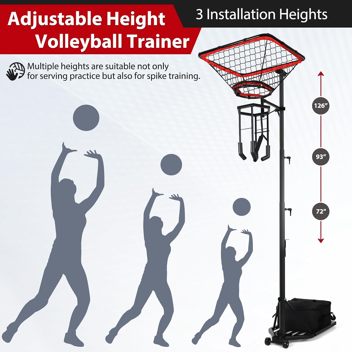 AugFir Volleyball Setter & Spike Trainer, Adjustable Height 93'-126' Volleyball Trainer with 88LBS Sandbag Base & Transport Wheels, Solo Practice Tool for Indoor & Outdoor Use Spiking & Drills