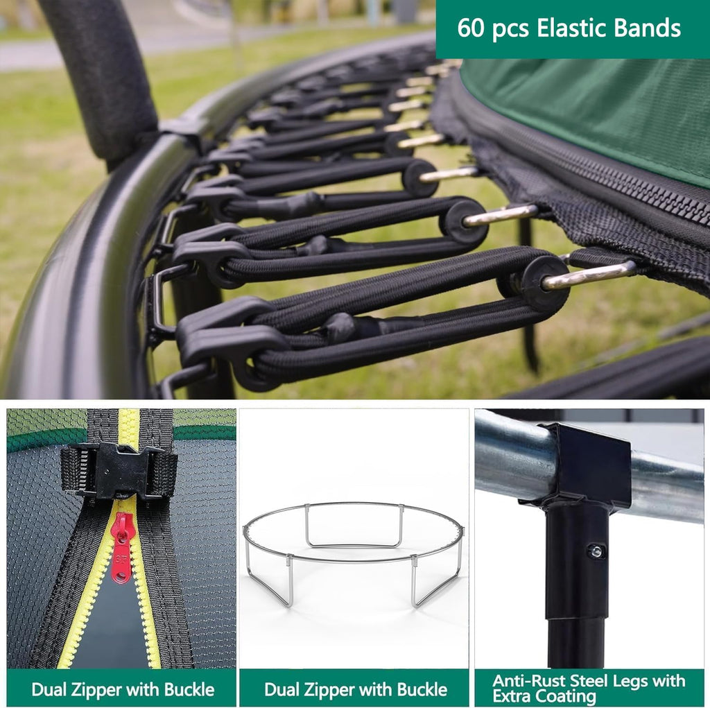 1400LBS 6FT 8FT 10FT 12FT 14FT Springless Trampolines for Kids and Adults, ASTM Approved Outdoor Trampoline with Enclosure Net, Backyard Trampoline with Curved Poles and Bungee Cords