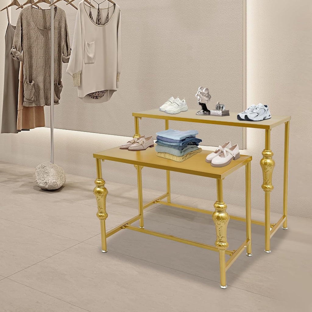 Industrial Retail Display Tables, Set of 2 Standing Clothing Shoes Display Rack, Heavy Duty Boutique Display Riser Storage Shelves, Garment Handbag Display Stand for Retail Clothing Store (Gold)