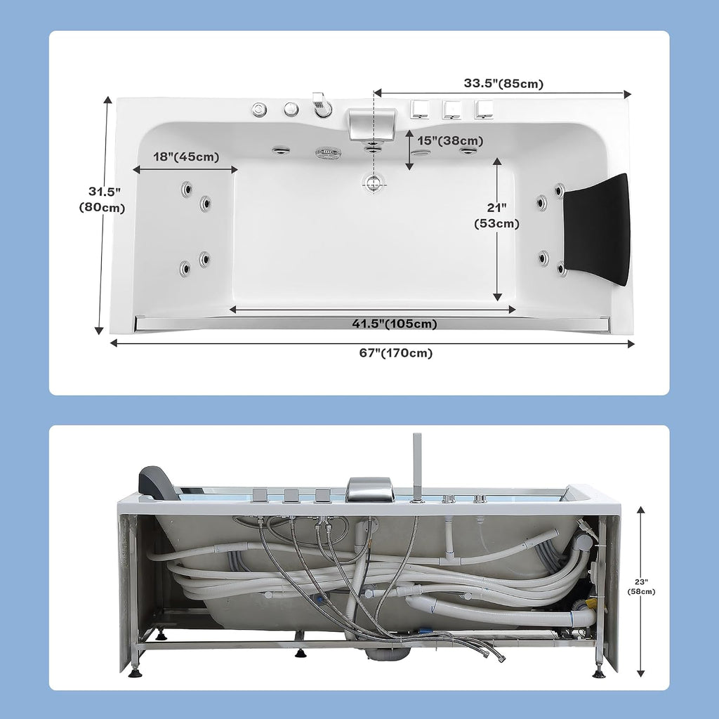 67' Whirlpool Hydro Massage Tub with Chromatherapy, Hydrotherapy Jetted Bathtub with Glass Panel, Acrylic Spa Tub with Center Drain, White