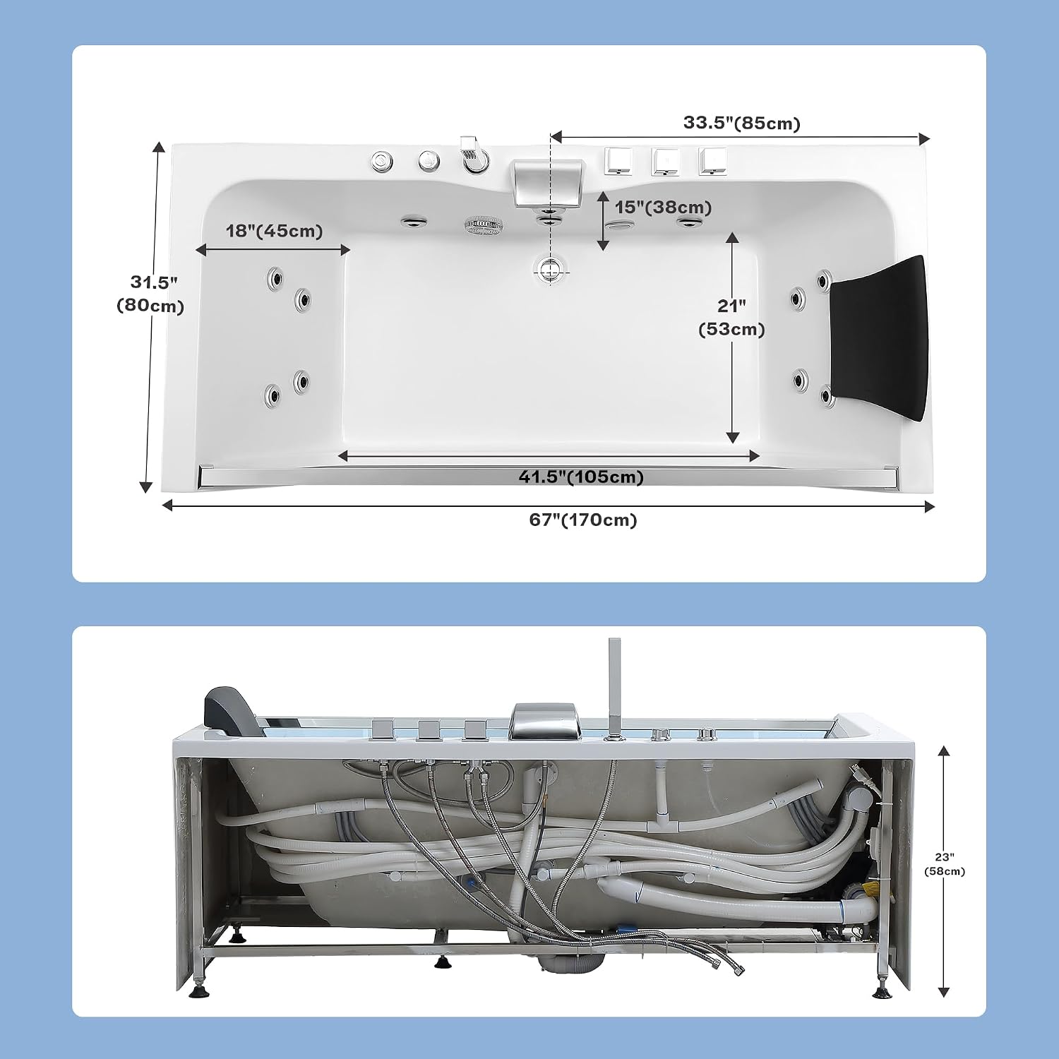 67' Whirlpool Hydro Massage Tub with Chromatherapy, Hydrotherapy Jetted Bathtub with Glass Panel, Acrylic Spa Tub with Center Drain, White