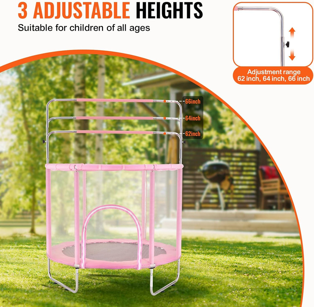Happybuy 55' Kids Trampoline, 4.6FT Indoor Outdoor Trampoline, Mini Toddler Recreational Trampoline with Safety Enclosure Net and Basketball Hoop, Pink