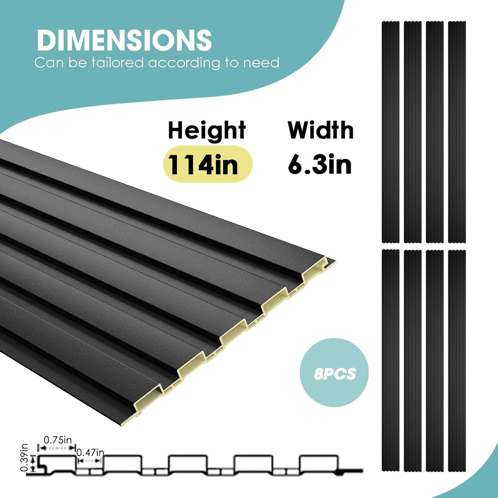 OUZUGIE WPC Acoustic Slat Wall Paneling, 8-Pack 114 x 6 Inches 3D Wall Panels for Interior Wall Decor,Living Room,TV Background,Study Room,Office Spaces,Bedroom,Low Grille (Black)