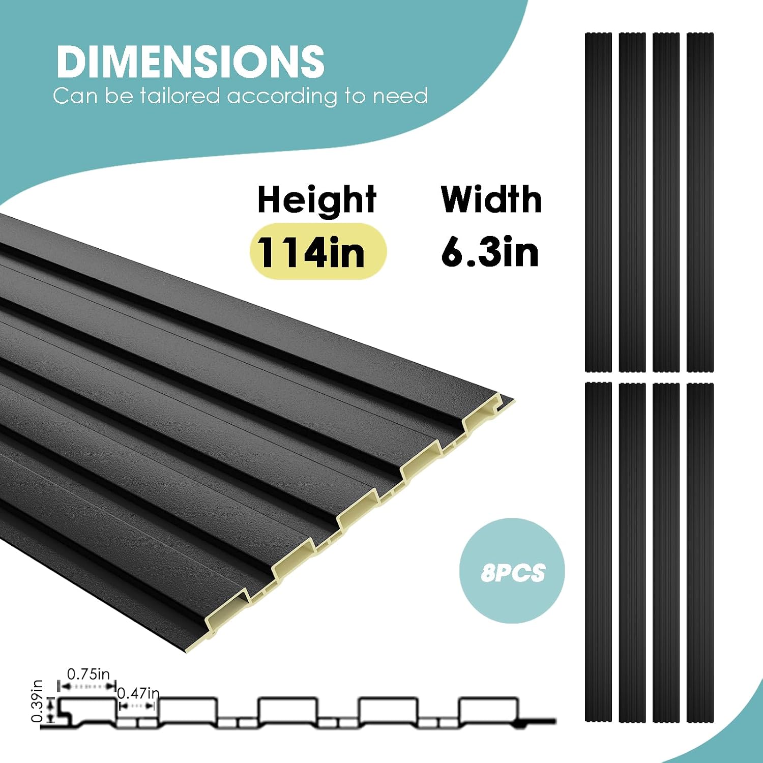 OUZUGIE WPC Acoustic Slat Wall Paneling, 8-Pack 114 x 6 Inches 3D Wall Panels for Interior Wall Decor,Living Room,TV Background,Study Room,Office Spaces,Bedroom,Low Grille (Black)