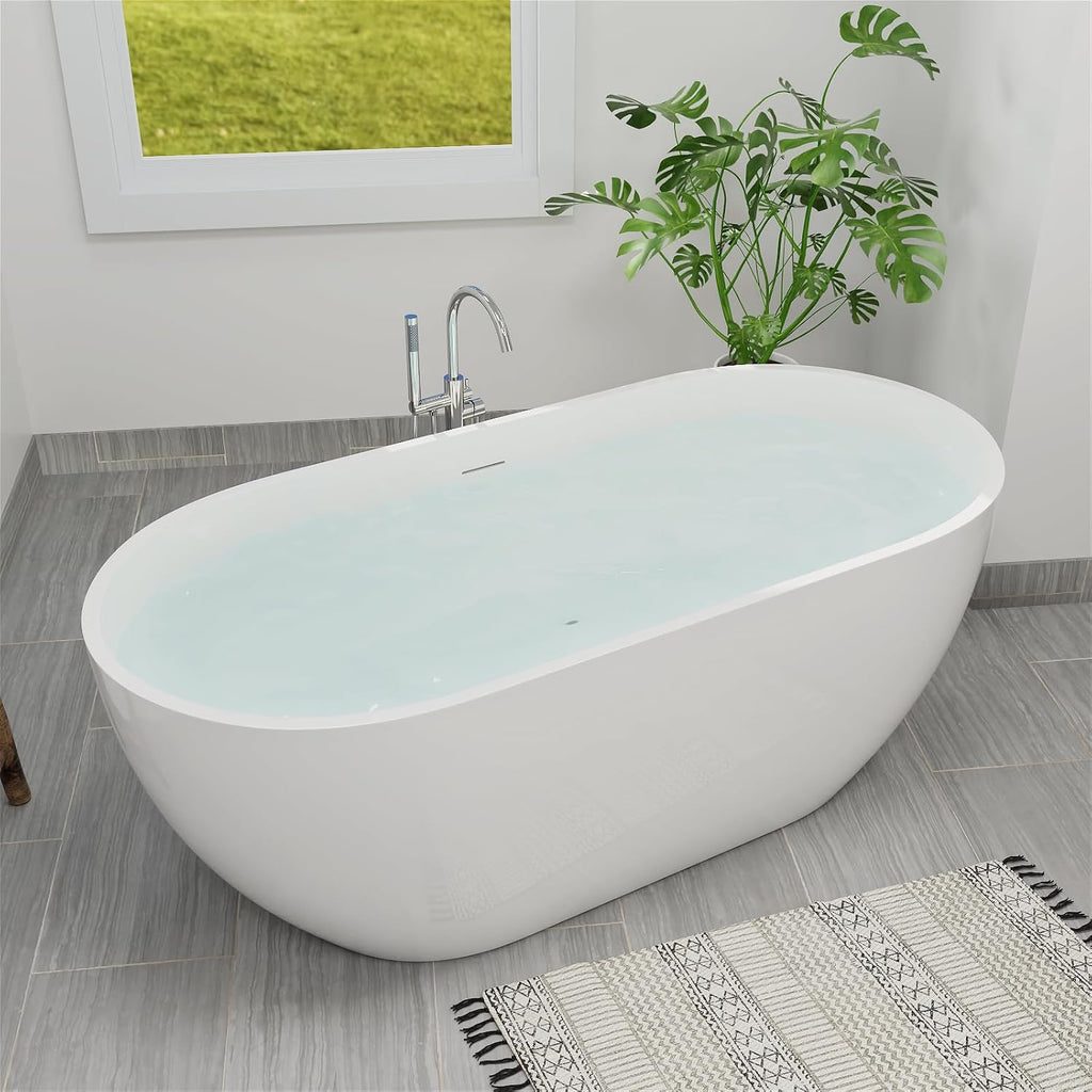 65' Acrylic Freestanding Bathtub, Double Ended Free Standing Tub, Soaking Tub with Integrated Slotted Overflow, Toe-Tap Chrome Drain, cUPC Certified, Glossy White