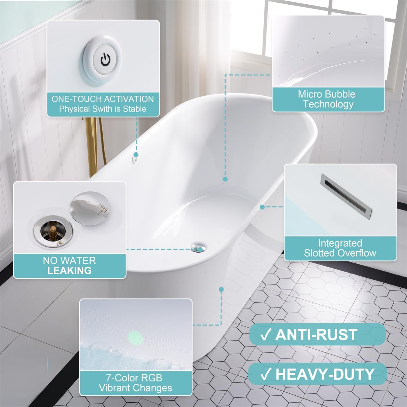 WELLFOR 67' Freestanding Acrylic Bathtubs, Air Bubble Freestanding Soaking Tub, 87 Gallons, Massage bathtub with Romantic LED Lighting/Chrome Bathtub Drain and Groove Overflow, Glossy Whtie