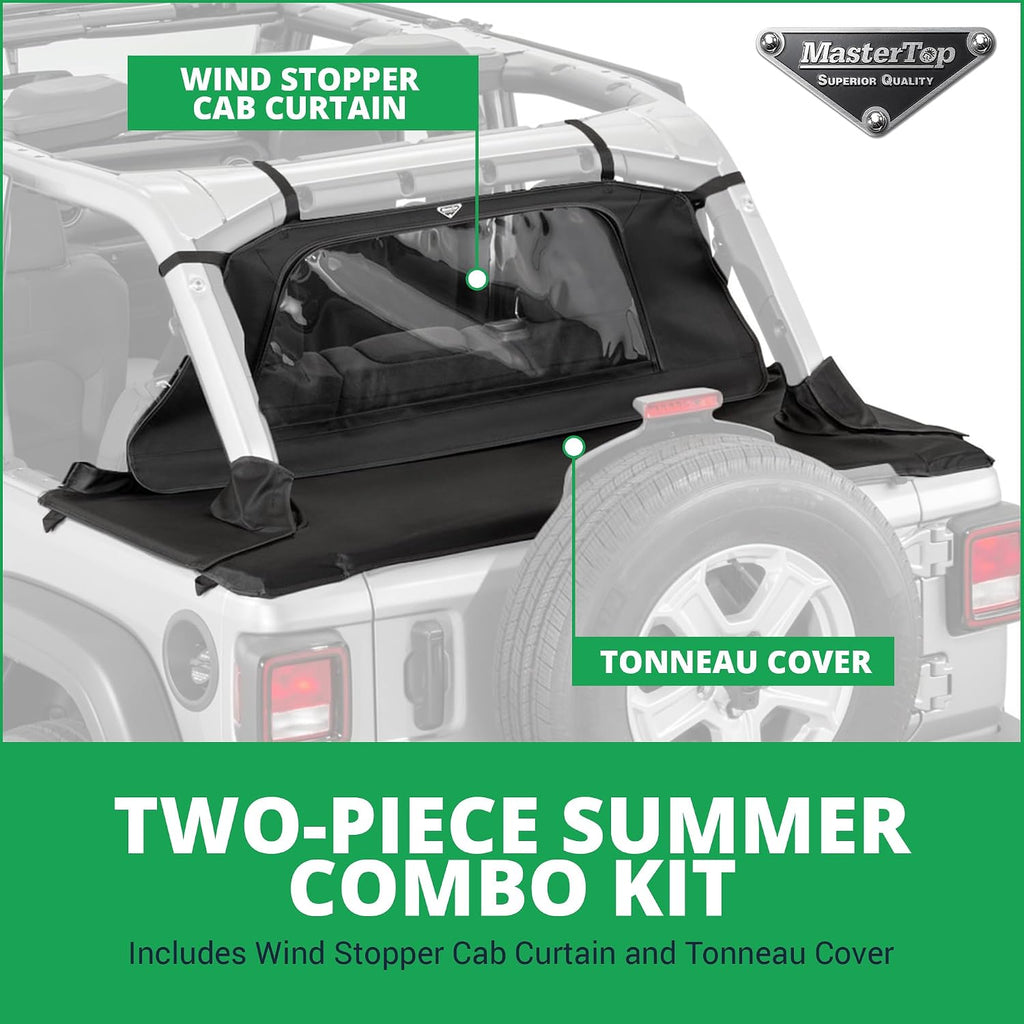 MasterTop Tonneau Cover & Wind Stopper Combo, Black MasterTwill - Fits Jeep Wrangler JLU 4-Door 2018-2024 Hard Top Models - Wind Breaker Blocks Backdrafts - Keeps Cargo Area Clean