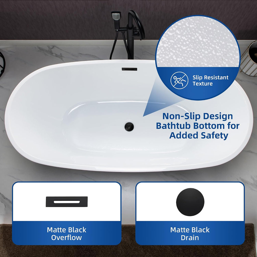 WOODBRIDGE 71' Acrylic Freestanding Bathtub Contemporary Soaking Tub, White Acrylic,Matte Black Drain/Overflow