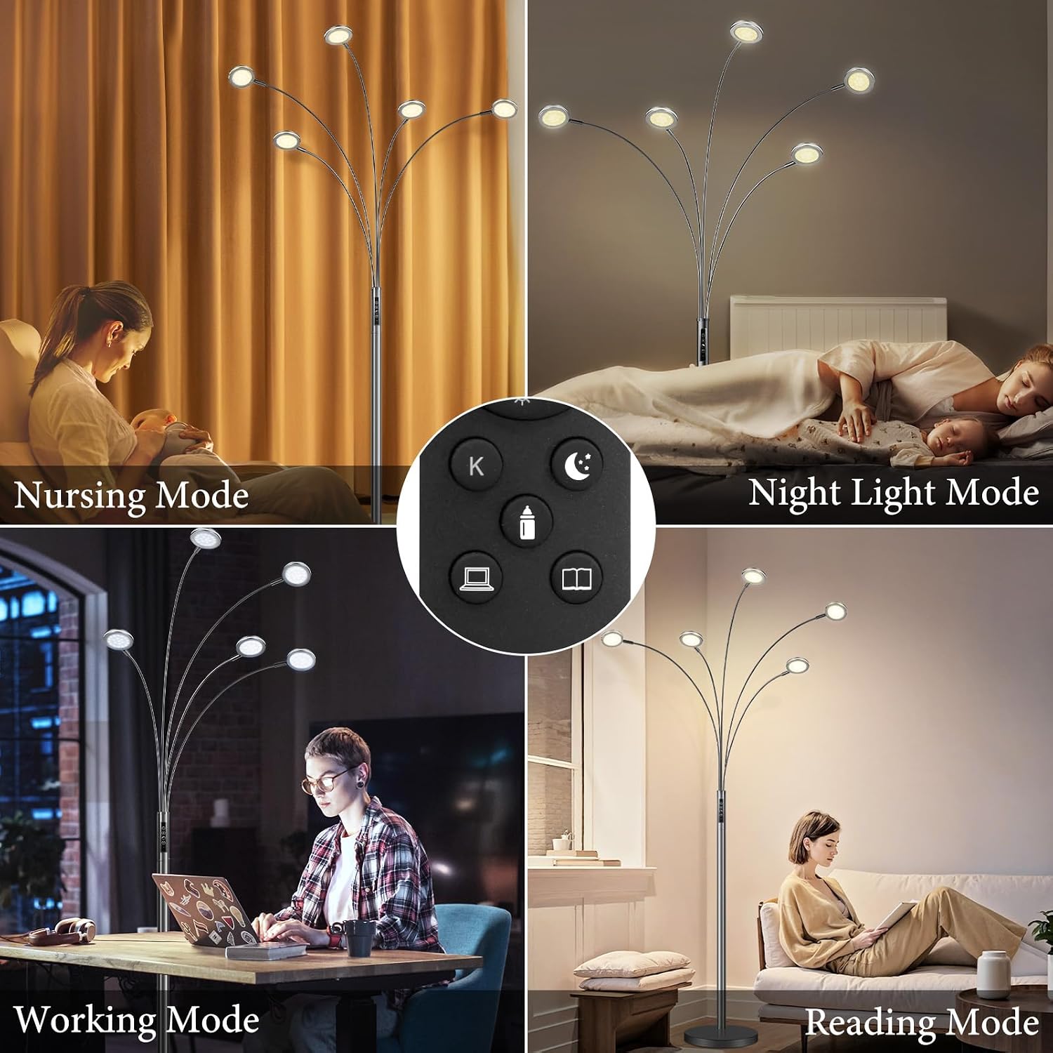 LED Arc Floor Lamp with Remote, 2250LM Dimmable Black Chrome Floor Lamp with Timer, Adjustable Colors, Brightness & 5 Adjustable Arms, Multi-Head Tall Tree Standing Lamp for Living Room Bedroom Office