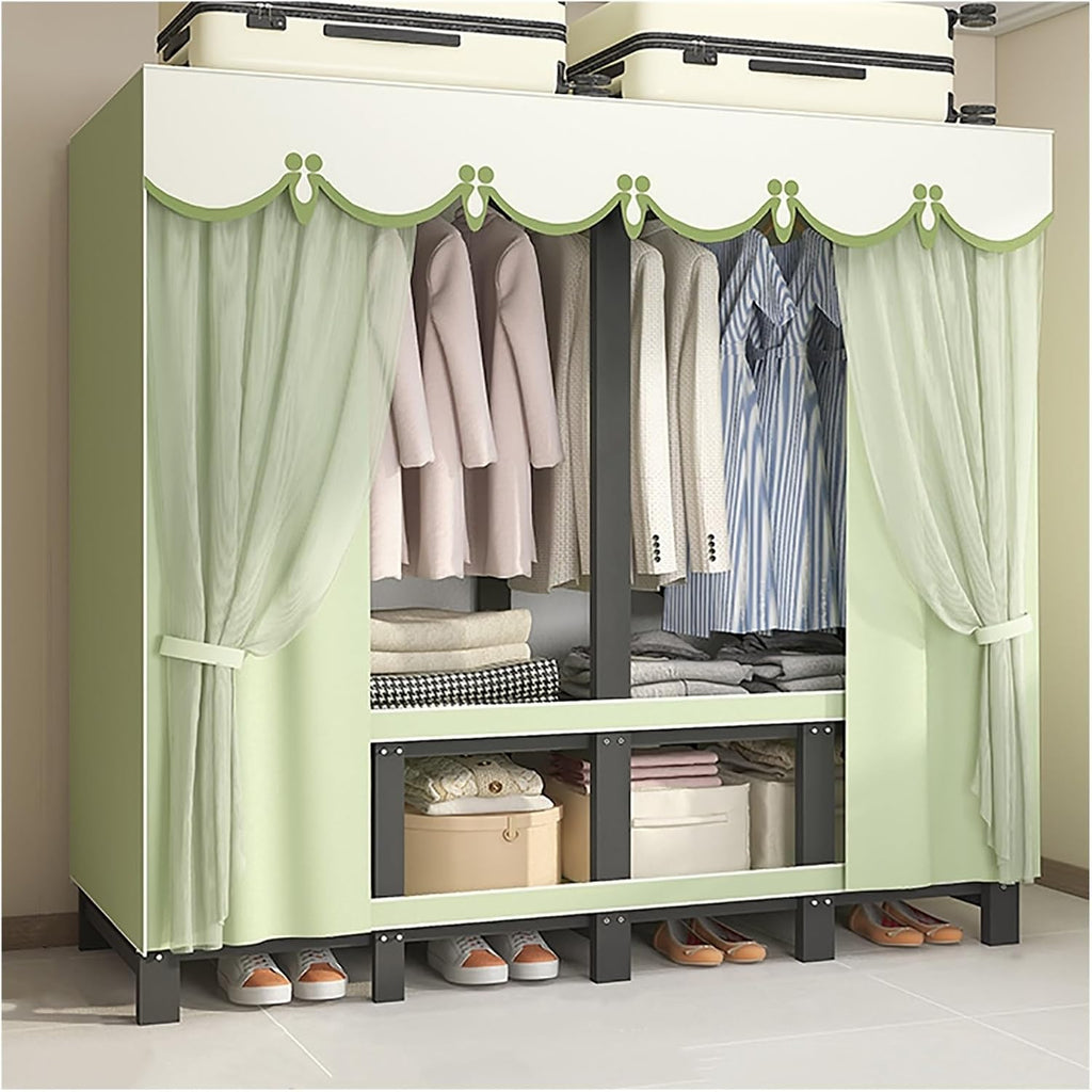 Foldable Wardrobe Closet With Cover, Metal Clothing Rack For Hanging Clothes, Portable Coat Storage Garment Rack, One-Piece Folding Base, For Bedroom, Dorm(Green1,190cm/74.8inch)