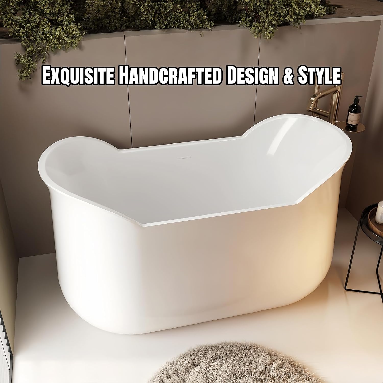 59' Edeyeu Freestanding Bathtub - Luxurious Solid Surface Soaking Tub, Extra Deep & Wide for Ultimate Relaxation, Durable Stand Alone Bath Crafted From Premium Acrylic Materials White A
