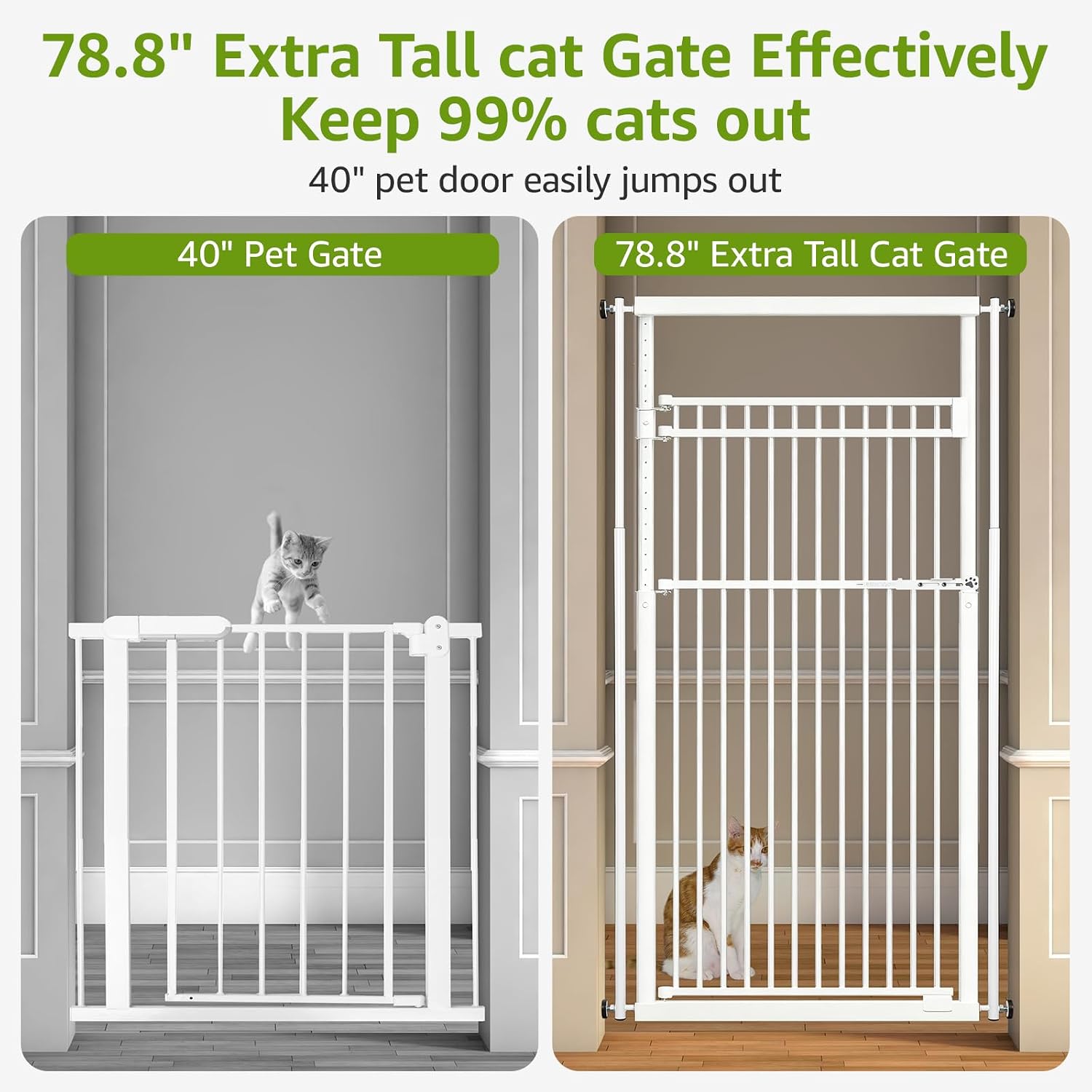 78.8' Extra Tall Cat Gate, 28.3-33' Wide Safety Metal Cat Door, Pressure Mounted Easy Walk Through Pet Gate with Door for Stairs, Doorways (White)